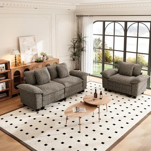 Vista 2 de PHI VILLA Conjuntos de sofás modulares Cloud, juego de sofá seccional de 2 piezas con sofá cama, sofá cómodo de 3 plazas para sala de estar y Ceniza