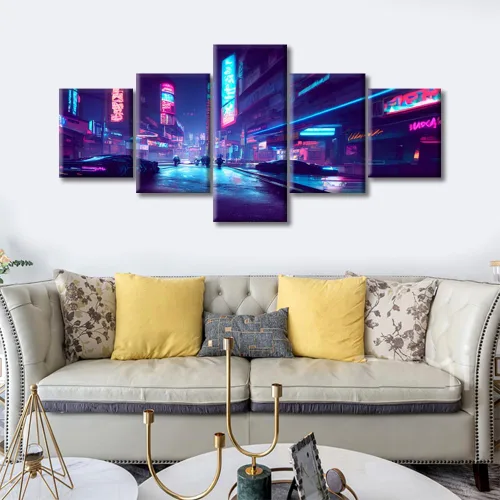 Vista 388 de Cuadros de 5 paneles de Cyberpunk City, arte de pared, representación de vallas publicitarias, edificios modernos en la capital con obras de arte