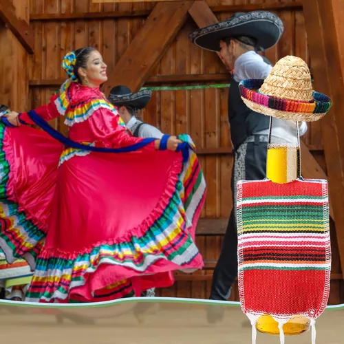 Vista 4 de Panitay 6 juegos de pequeños sombreros de sombrero, mini serapes para botellas, cubierta de poncho de cerveza, tapas de botellas para decoración