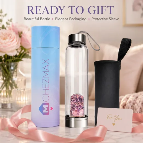 Vista 8 de ChezMax Botella de agua en cristal con centro de cristal natural intercambiable 18.6Oz, Natural Quartz Gemstone, Juice Container with Lid Sleeve