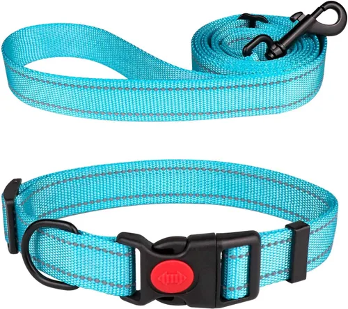 Vista 16 de Juego de collar y correa reflectante para perro con hebilla de bloqueo de seguridad, collares de nailon para mascotas ajustables para perros Negro