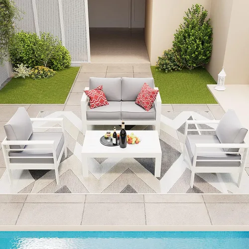 Vista 18 de Amopatio - Juego de muebles de aluminio para patio con cojines de olefina Gris oscuro/ Dorado