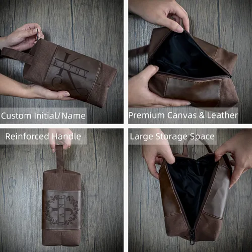 Vista 3 de Neceser personalizado para hombres, kit de afeitado de cuero de lona para padrinos de boda, nombre grabado/inicial, bolsa de viaje hecha a mano