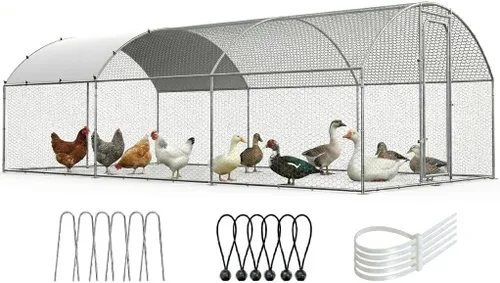 Vista 9 de ORANLAND Gallinero de metal grande, 9.9 x 9.9 x 6.6 pies con tapa, corral de pollo con techo de espira con cerradura de seguridad, jaula de conejo