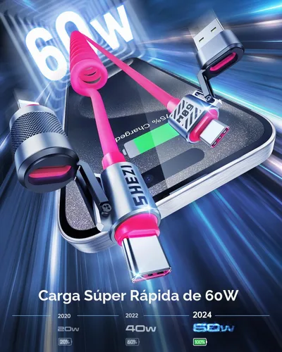 Vista 3 de Cable USB C en espiral 4 en 1 para automóvil de 5 pies [carga rápida de 60 W] compatible con cable Lightning [CarPlay y Android Auto] Combo de cable