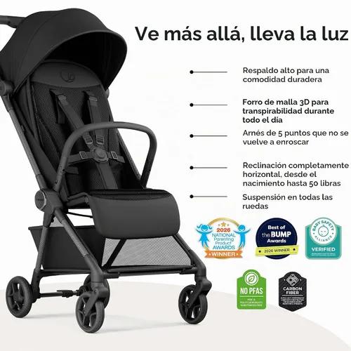 Vista 2 de Mompush Nexis - Cochecito de viaje ligero de fibra de carbono, equipaje de Negro
