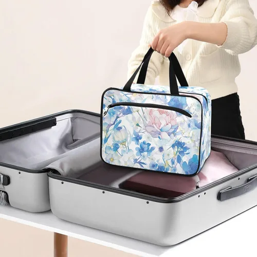 Vista 8 de Acuarela Art Elegante bolsa de viaje colgante de flores azules con gancho, bolsas lavables de diseñador para hombres para viajes esenciales