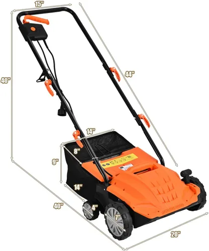 Vista 7 de Goplus Desbrozador y escarificador de césped 2 en 1, desbrozadora ajustable de 3 niveles de profundidad con bolsa de recolección de 11 galones y 2