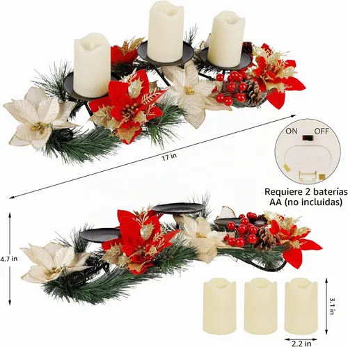 Vista 2 de FORUP Centro de Mesa de Navidad, Portavelas de Navidad, Centro de Mesa de Navidad con Poinsettia y 3 Velas Sin Llama, Candelabro Romántico