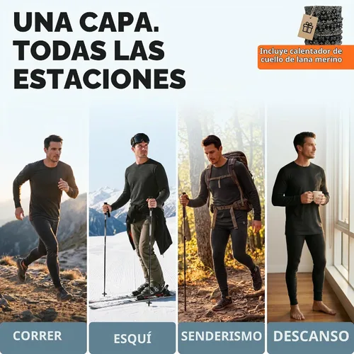 Vista 5 de MERINNOVATION Merino Wool Base Layer Set for Men 100% Merino Wool Pajamas Set Thermal Sleep PJS Lite - Midweight Top, Bottom . Carbón 165