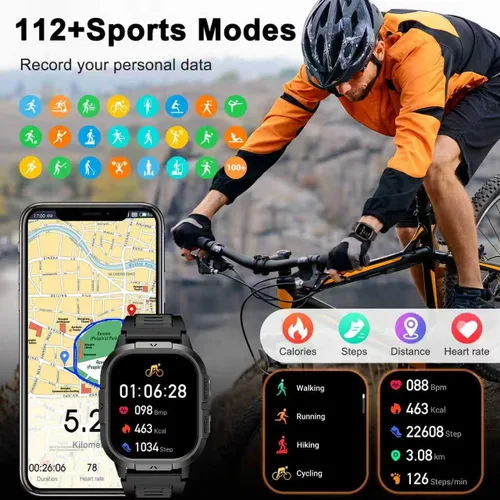 Vista 4 de Reloj inteligente para hombre con rastreador de fitness: impermeable, realiza/contesta llamadas, relojes digitales militares, corre, smartwatch