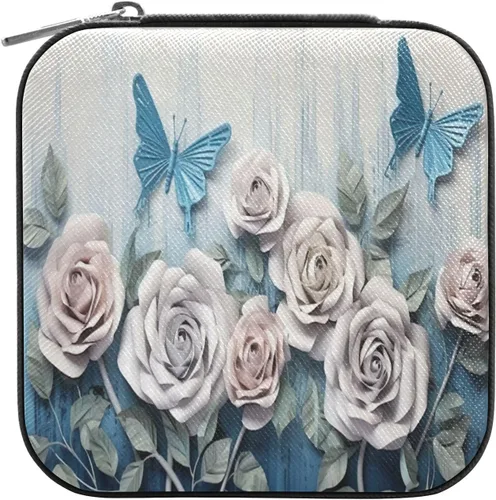 Vista 2 de Flradish White Blue Roses Travel Jewelry Case PU Leather Mini Jewelry Travel Case Portable Travel Jewellery Ring Organizer for Womens Rings Earrings