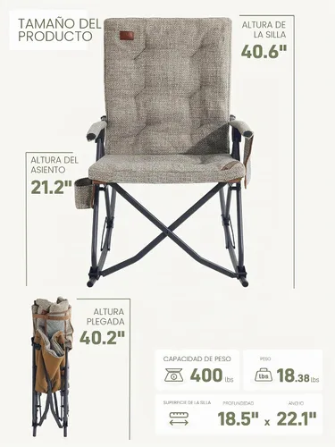 Vista 8 de EVER ADVANCED Silla mecedora de gran tamaño para campamento, mecedora plegable acolchada para adultos con reposabrazos duros, silla portátil