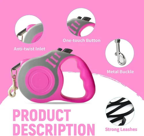 Vista 5 de Correa para mascotas de 16 pies retráctil para perro, cinta telescópica automática para perros, duradera y cómoda, con mango antideslizante