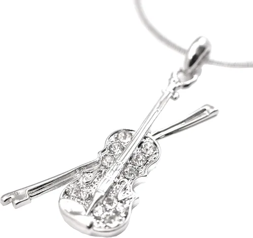 Vista 5 de Collar de violín de cristal plateado con lazo, chapado en plata