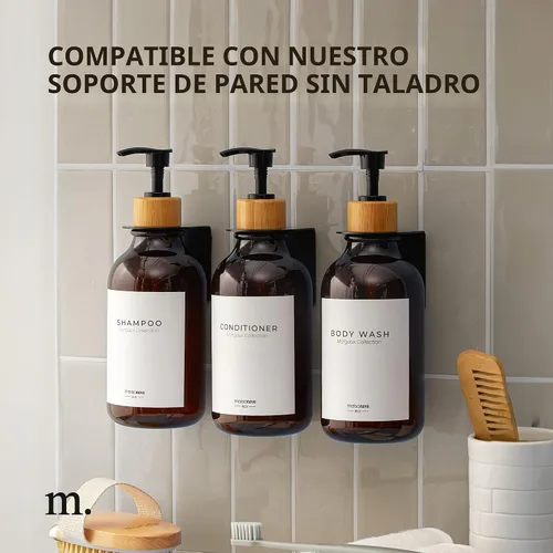 Vista 7 de MaisoNovo Botellas recargables de champú y acondicionador Juego de 3 botellas de plástico ámbar de 16.9 fl oz con bombas de bambú negras