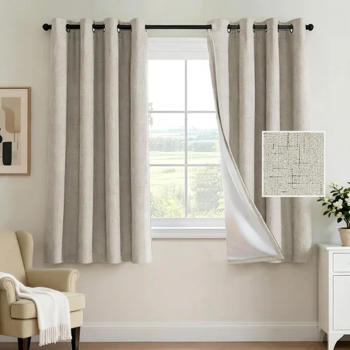 Vista 63 de H.VERSAILTEX Cortina 100% opaca para dormitorio, 63 pulgadas de largo, con ojales, cara de lino, bloqueo de luz completa, cortina para sala de Arena