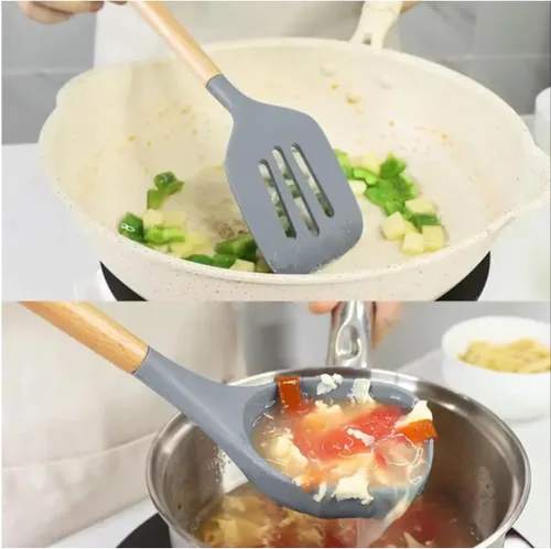 Vista 7 de Juego de utensilios de cocina de silicona de alta calidad, herramientas de cocina de 7 piezas con asas de madera de acacia y soporte de bambú, Gris