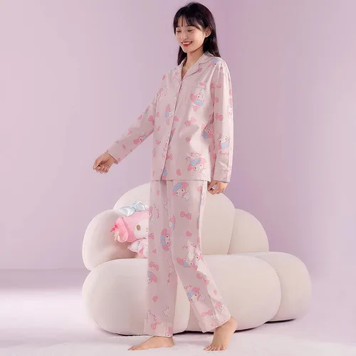 Vista 4 de Two-Piece Cute Kitten Pajamas Cartoon Pink Casual Long Sleeve Sleepwear Set Kawaii Women'S Pajamas