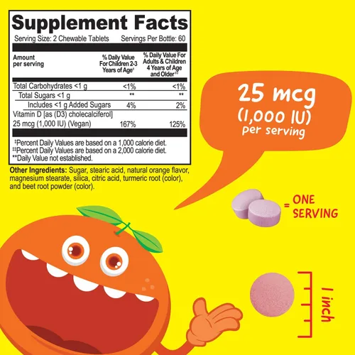 Vista 2 de VitaWorks Tabletas masticables de vitamina D de 1000 UI para niños, sabroso sabor natural a naranja, vegano, sin OMG, sin gluten, vitaminas sin