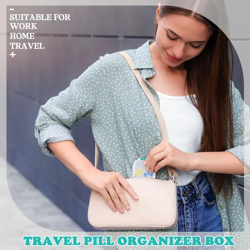 Vista 5 de Meekoo Organizador de pastillas de viaje, 8 unidades, portátil, con bolsillo, contenedor diario, contenedor pequeño, medicina, viajes, con 10 Blanco