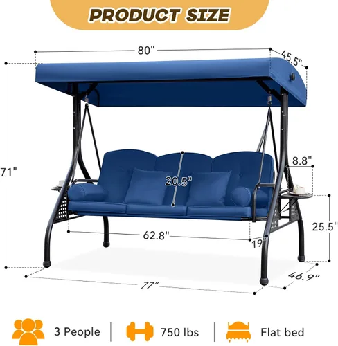 Vista 8 de Columpio de porche para exteriores 3 en 1 con toldo ajustable, columpio de 3 asientos para adultos, columpio de patio con cojines gruesos, almohadas
