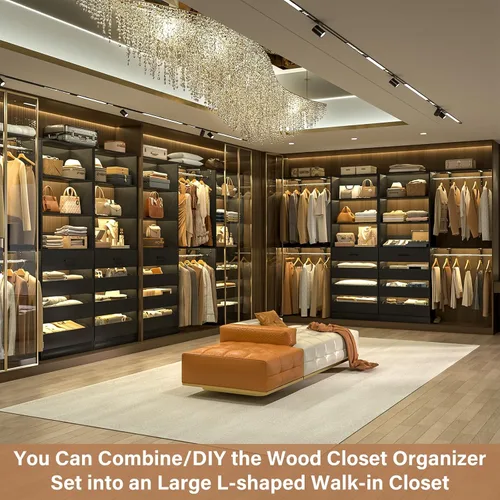 Vista 6 de Aheaplus Sistema de Armario con 8 Cajones de Madera, Sistema Organizador de Armario de Madera con Torre, Organizador de Vestidor Perchero de Armario