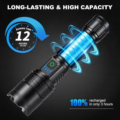 Vista 4 de Kmivo 3 Pack Rechargeable Flashlight High Lumens, 990,000 Lumens Bright LED Flashlights with Adjustable Focus, 5 Modes, IPX7 Waterproof Powerful
