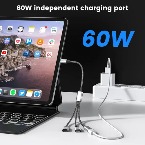Vista 3 de MOGOOD Divisor USB C, cable Y USB C de 3 puertos, 1 macho a 3 hembras, paso de carga PD de 60 W y transferencia de datos, para Steam Deck, iPad Pro