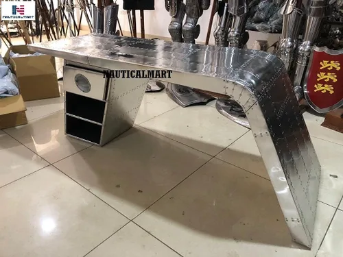 Vista 5 de Nautical-Mart Escritorio de ala de aviador Mesa de aluminio Muebles de aviador (izquierdo, 60 pulgadas)