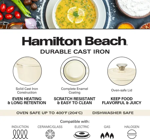 Vista 4 de Hamilton Beach Olla holandesa de hierro fundido esmaltado de 3 cuartos de galón con tapa, color crema