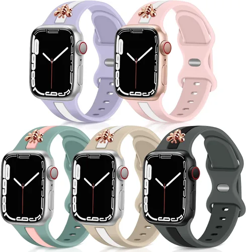 Vista 6 de 5 Pack Designer Sport Bands Compatible with Apple Watch Band 38mm 40mm 42mm 44mm 45mm 46mm 49mm Women,Bee Decoration Silicone Band for iWatch Series