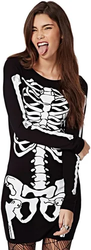Vista 2 de RieKet - Disfraz de esqueleto para mujer de manga larga, elástico y corto para Halloween