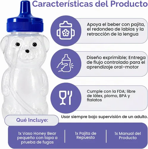 Vista 3 de TalkTools Vaso con pajita con forma de osito Miele con asa, 5oz – Entrenador de pajita suave para bebés y niños pequeños de 4+ meses – Agarre fácil