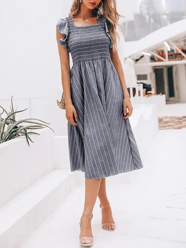 Vista 2 de Miessial Vestido midi de verano para mujer, casual, manga corta, vestido de lino fruncido 2025, vestido bohemio para invitados de boda con bolsillos