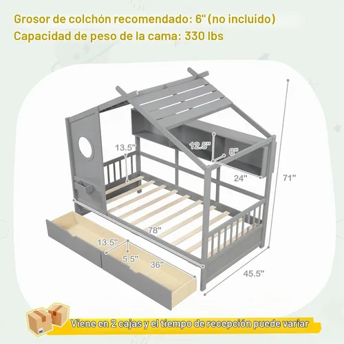 Vista 2 de KOMFOTT Cama de madera de tamaño individual con 2 cajones, marco de cama de madera con almacenamiento en cubos y rieles de valla, plataforma de Gris