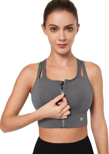 Vista 4 de Yvette Sujetadores deportivos para mujer de alto impacto con cremallera frontal, brasier deportivo de alto soporte, busto grande para entrenamiento