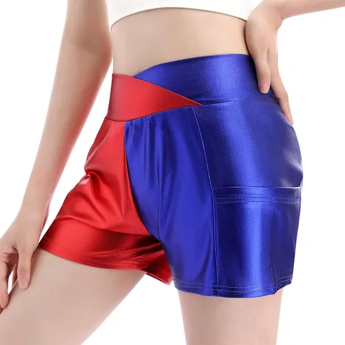Vista 2 de Pantalones cortos de baile brillantes para mujer con frente en V cintura alta para yoga gimnasio fiesta de rave pantalones cortos con bolsillos