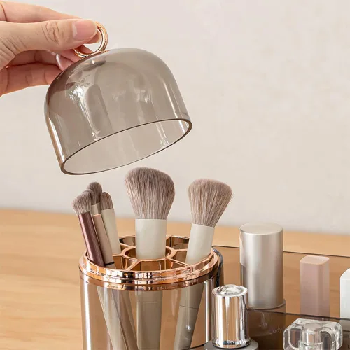 Vista 3 de Organizador de maquillaje, organizador de cuidado de la piel con soporte para cepillo, almacenamiento dividido para cosméticos, almacenamiento