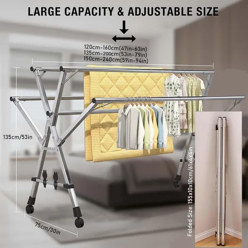 Vista 7 de This Telescopic Expandable Laundry Drying Rack, Foldable Stainless Steel Clothes Hanger, Folding Garment Stand for Indoor Outdoor, Space-Saving