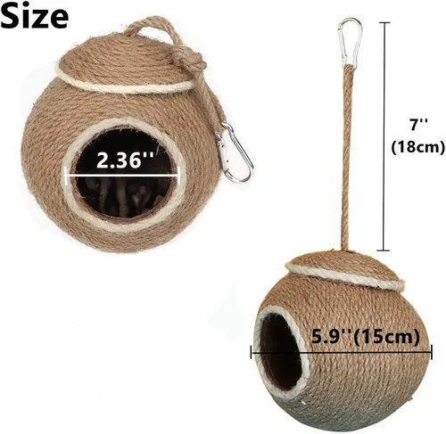 Vista 2 de Sugar Glider House - Cabaña de cuerda de cáñamo con cáscara de coco natural, nido para planeador de azúcar, hámster, ardilla, periquito de pájaro