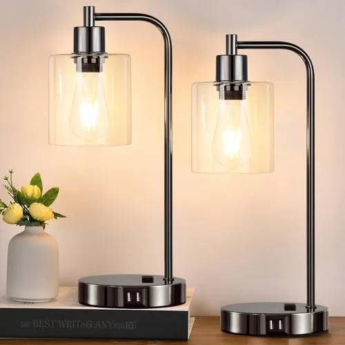 Vista 10 de Juego de 2 lámparas de mesa con control táctil industrial - Lámparas de mesita de noche en níquel cepillado con 2 puertos USB y enchufe de CA