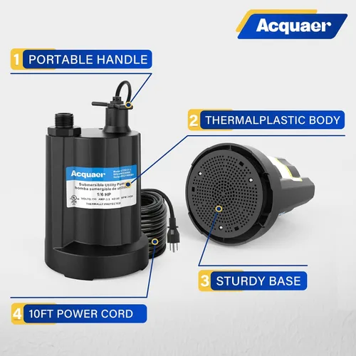 Vista 2 de Acquaer Bomba de agua sumergible Bomba de sumidero de 1/6 HP, bomba de utilidad termoplástica, pequeña bomba de agua eléctrica de 1750 GPH para Gery