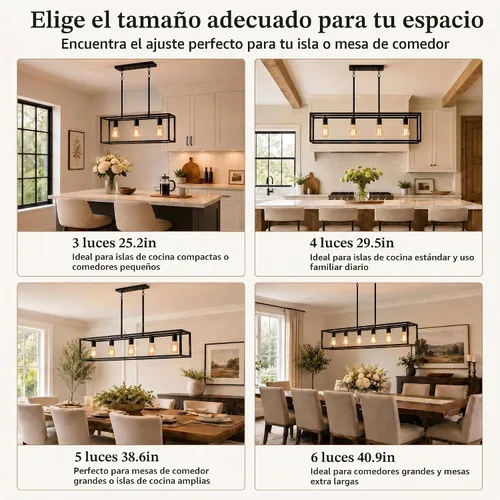 Vista 7 de Iluminación negra para isla de cocina, moderna lámpara rectangular de jaula lineal, 3 luces, lámpara colgante de metal industrial para granja