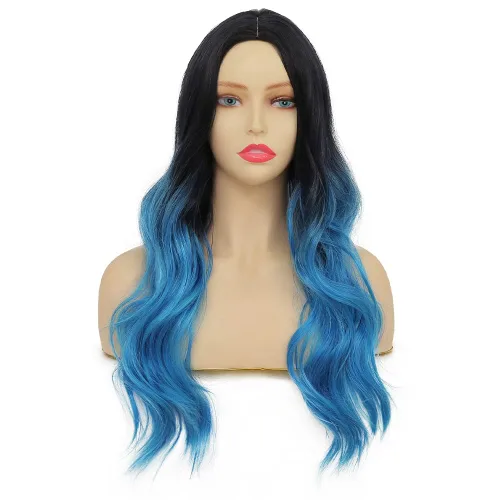 Vista 3 de Tseses Pelucas largas y onduladas de color azul degradado para mujer, pelucas de cabello sintético con raíces oscuras, cosplay, fiesta de Halloween