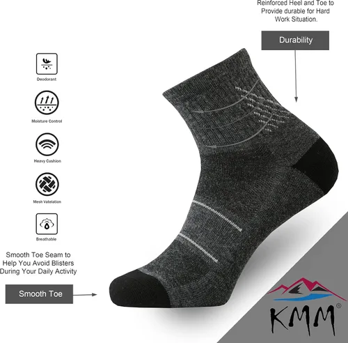 Vista 3 de KMM Calcetines tobilleros de lana merino de corte bajo para hombre, ligeros, con un cuarto de amortiguación, anti ampollas, senderismo, senderismo
