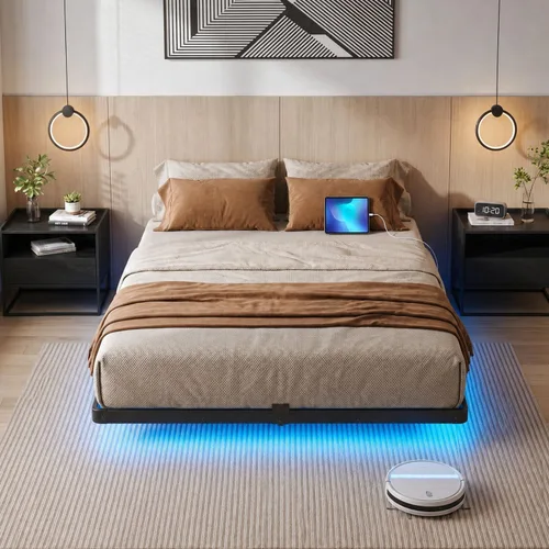 Vista 7 de Liians Marco de cama flotante moderno de tamaño completo con luces LED inteligentes, estación de carga USB, plataforma de metal resistente,