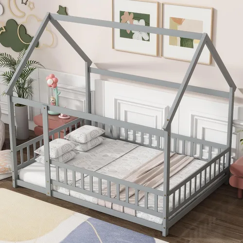 Vista 3 de Cama de tamaño matrimonial con valla y puerta, color gris