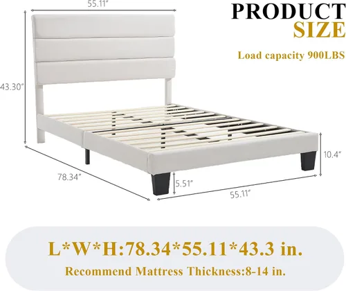 Vista 2 de Armazón de Cama de Plataforma Tamaño Full, Armazón de Cama con Cabecera de Tela Suave con Listones de Madera Resistentes – Moderno y Sin Ruido, Base