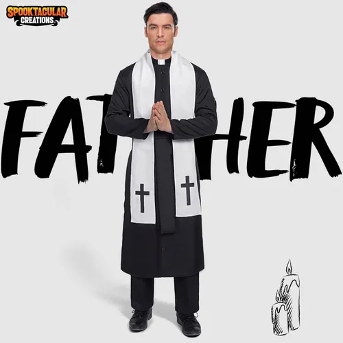 Vista 2 de Spooktacular Creations Disfraz de sacerdote negro para hombre adulto, disfraz de sacerdote para Halloween, fiesta de disfraces, cosplay